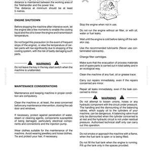 May include: A page from a safety manual with text and diagrams. The manual covers topics like electrical power lines, engine shutdown, and maintenance considerations. Warnings are highlighted with a triangle symbol. The page includes a diagram of a person working near a machine.