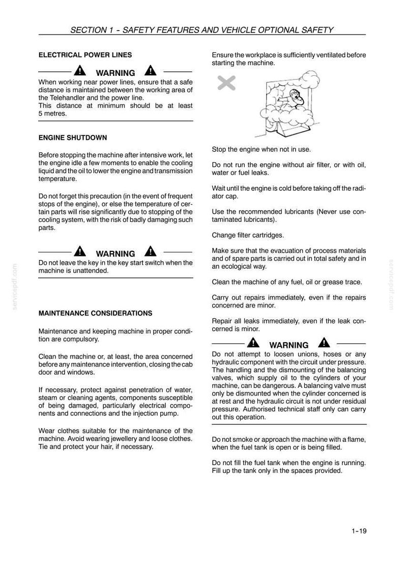 May include: A page from a safety manual with text and diagrams. The manual covers topics like electrical power lines, engine shutdown, and maintenance considerations. Warnings are highlighted with a triangle symbol. The page includes a diagram of a person working near a machine.