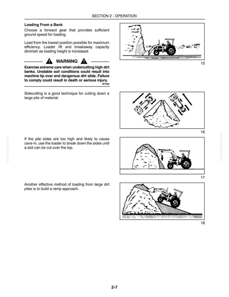 Peut inclure: Une page de manuel technique intitul&eacute;e SECTION 2 - OPERATION, pr&eacute;sentant des dessins au trait en noir et blanc d'un tracteur chargeur. Elle inclut des instructions pour le chargement, la coupe lat&eacute;rale et la construction d'une rampe.