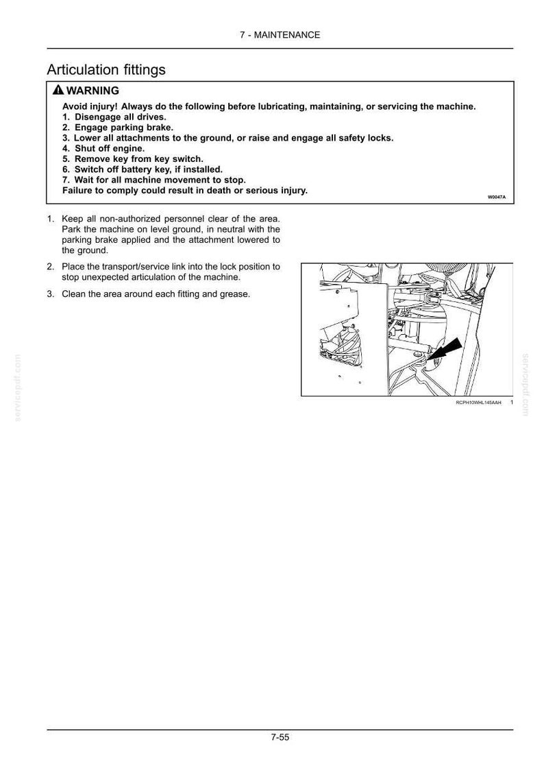 May include: A technical manual page titled 7-MAINTENANCE Articulation fittings. It includes a black and white warning box with seven safety steps, numbered instructions for maintenance, and a line drawing showing a machine part with an arrow.