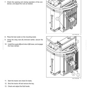 May include: Diagram of a hydraulic system with a reservoir, cooler, and filters. The image shows detailed mechanical components, including nuts, hoses, and a condenser. Text labels and numbers identify parts for assembly and maintenance.