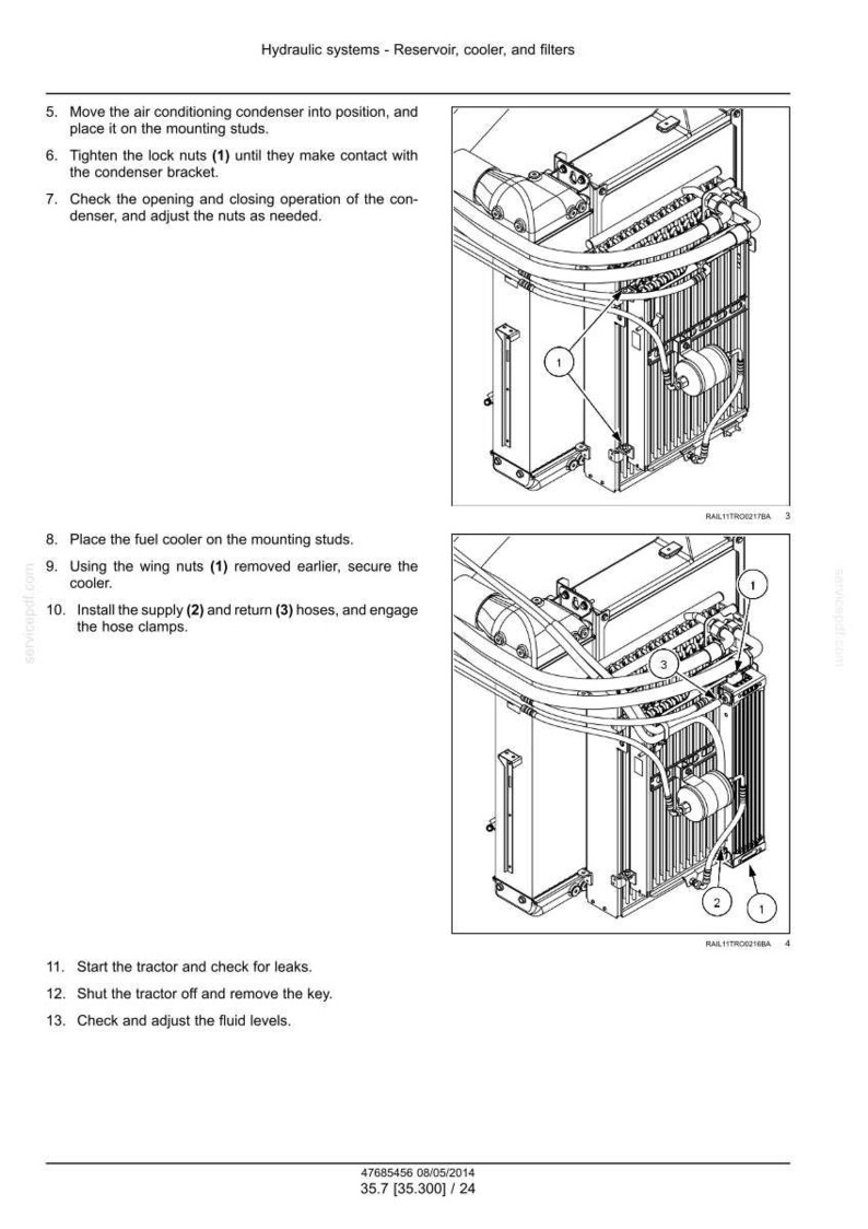 May include: Diagram of a hydraulic system with a reservoir, cooler, and filters. The image shows detailed mechanical components, including nuts, hoses, and a condenser. Text labels and numbers identify parts for assembly and maintenance.