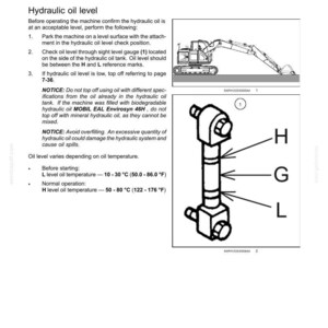 May include: A technical document page titled 4 - OPERATING INSTRUCTIONS, featuring text about hydraulic oil levels and two black and white line drawings. One illustration shows an excavator, and the other shows a sight level gauge with H, G, and L marks.