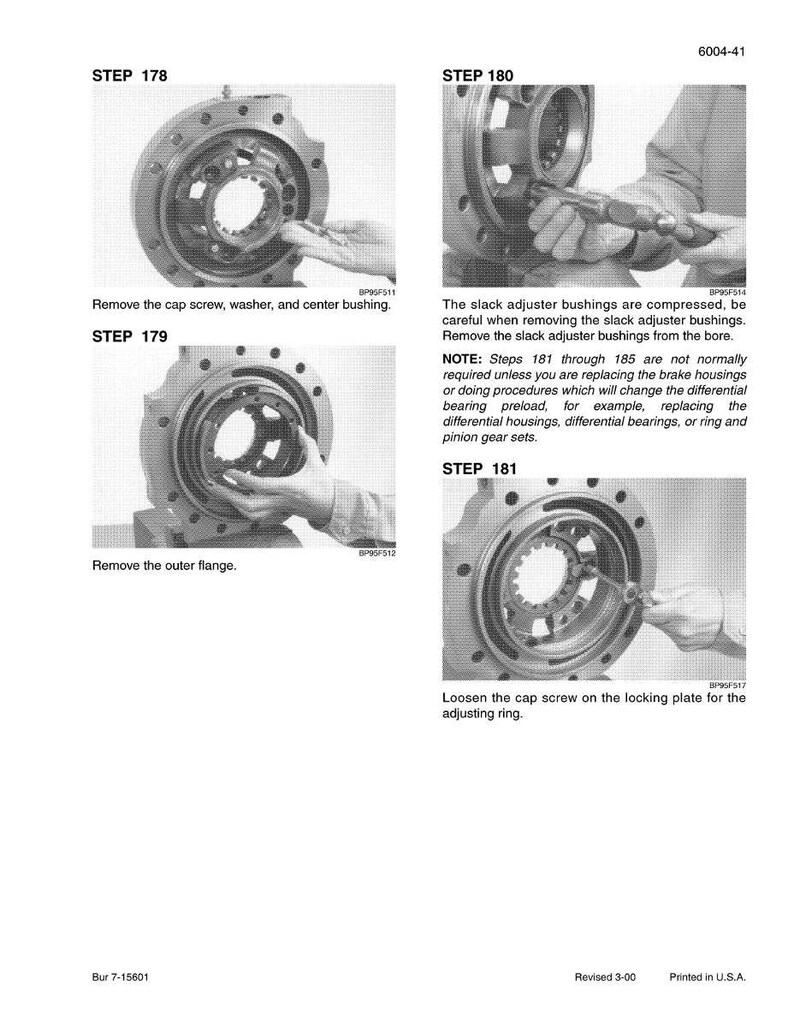 May include: A technical manual page with four grayscale images detailing mechanical assembly steps. Text includes "STEP 178", "STEP 179", "STEP 180", and "STEP 181", with instructions for removing parts and loosening screws. The page is labeled "6004-41".
