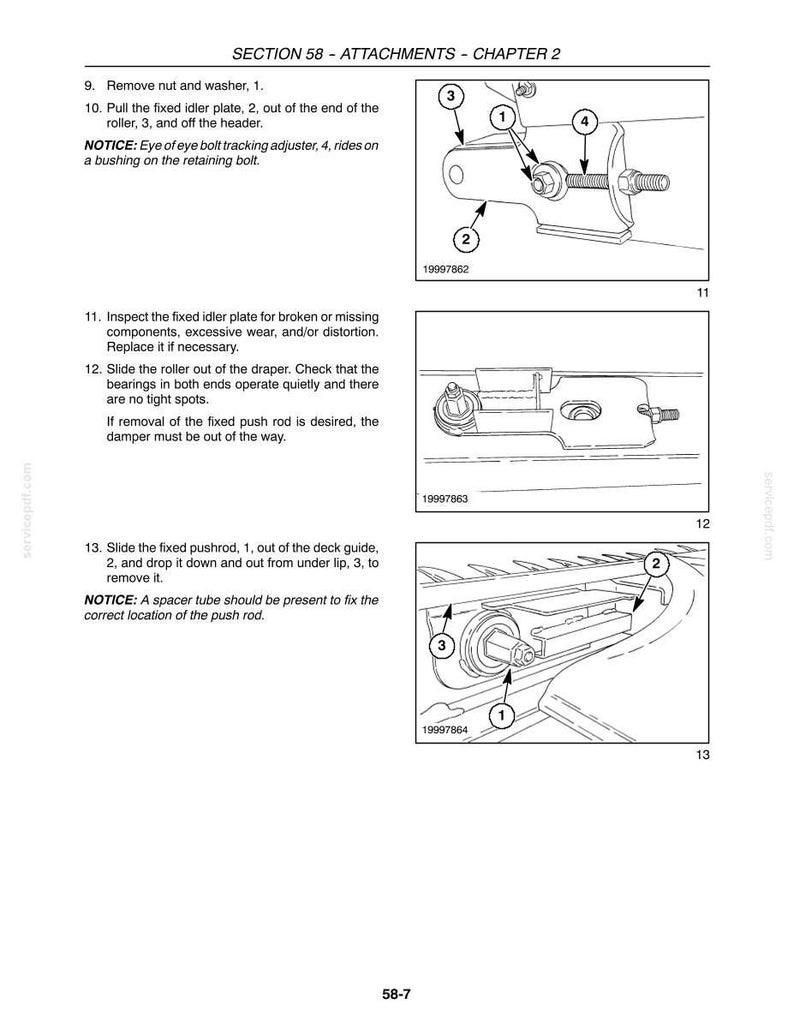 May include: Diagram from a manual showing mechanical components with labels and numbers. The diagram includes close-ups of parts like a fixed idler plate, roller, and pushrod, with arrows indicating assembly steps. Text at the top reads "SECTION 58 - ATTACHMENTS - CHAPTER 2."