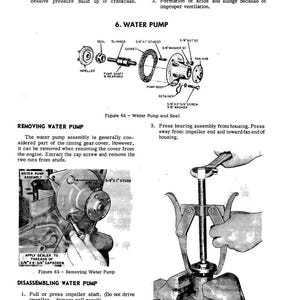 May include: Diagram of a water pump assembly with labels for components like the impeller, pump shaft, and seal. The image includes instructions for removing and disassembling the water pump, with illustrations of tools and steps.