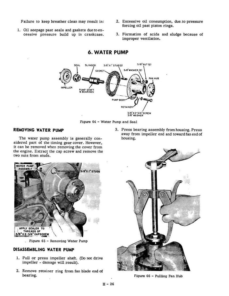 May include: Diagram of a water pump assembly with labels for components like the impeller, pump shaft, and seal. The image includes instructions for removing and disassembling the water pump, with illustrations of tools and steps.