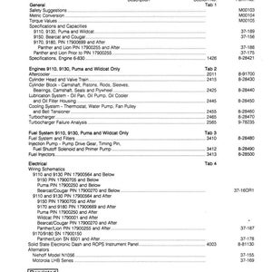 K&ouml;nnte beinhalten: Eine Seite aus dem Servicehandbuch f&uuml;r den Traktor der 9100er Serie mit einem Inhaltsverzeichnis. Das Dokument listet verschiedene Abschnitte auf, darunter Spezifikationen, Motoren, Kraftstoffsysteme und elektrische Schaltpl&auml;ne. Der Text ist schwarz auf wei&szlig;em Hintergrund gedruckt.