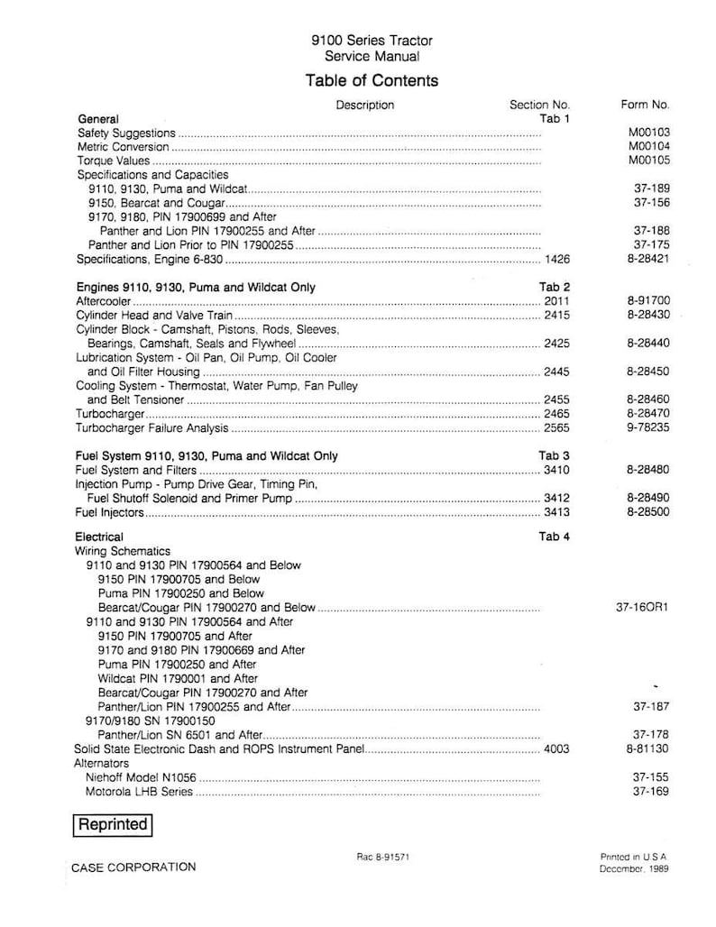 K&ouml;nnte beinhalten: Eine Seite aus dem Servicehandbuch f&uuml;r den Traktor der 9100er Serie mit einem Inhaltsverzeichnis. Das Dokument listet verschiedene Abschnitte auf, darunter Spezifikationen, Motoren, Kraftstoffsysteme und elektrische Schaltpl&auml;ne. Der Text ist schwarz auf wei&szlig;em Hintergrund gedruckt.