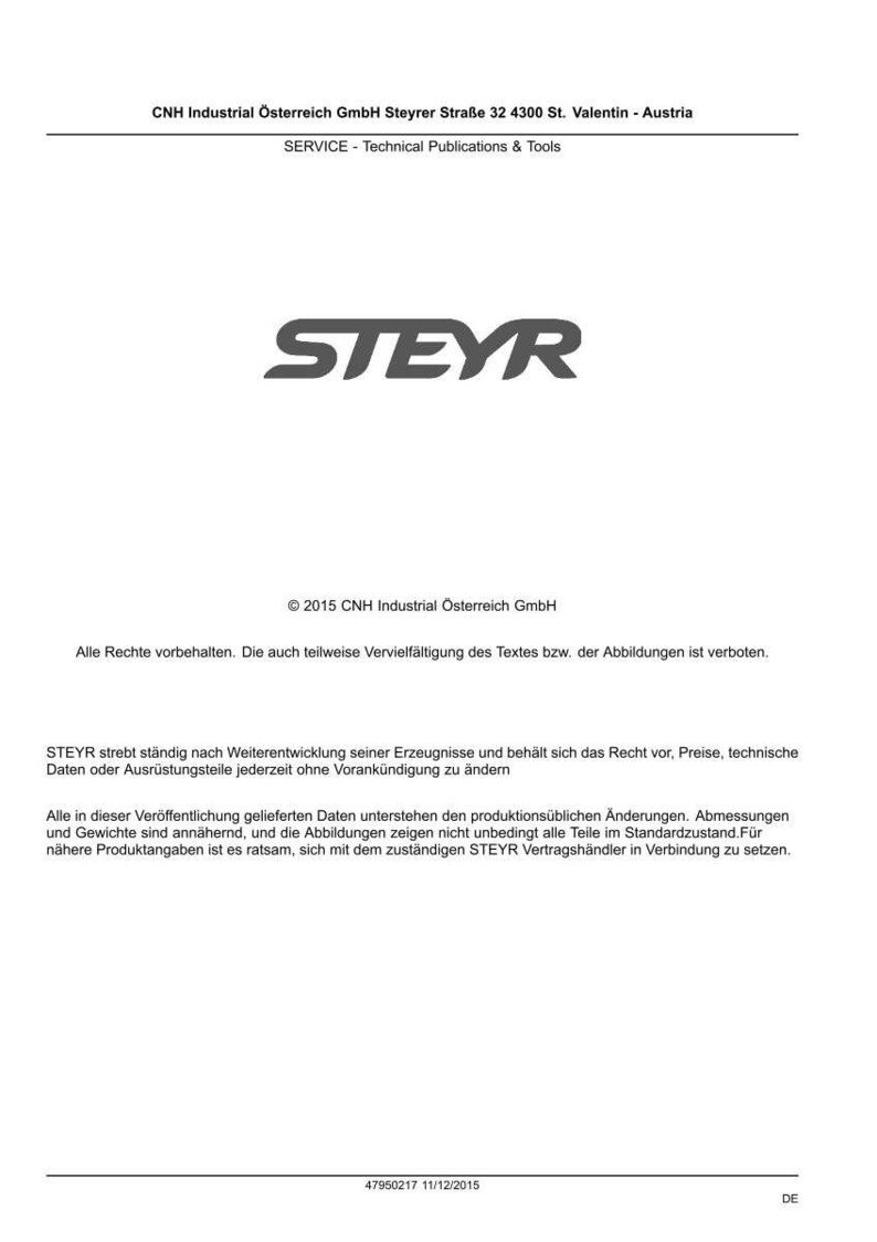 May include: A technical document page from CNH Industrial &Ouml;sterreich GmbH featuring the STEYR logo at the top center. The text includes company address, copyright information from 2015, and legal disclaimers regarding technical specifications and updates.