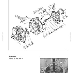 以下が含まれることがあります： SECTION 21 - TRANSMISSIONと題された技術図面。番号が振られた2WDトランスミッションボックスの部品構成図。ハウジングと内部コンポーネントの分解図に加え、スナップリングの取り外し手順を示す小さな挿絵が含まれている。