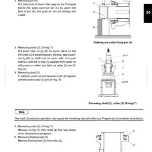 May include: Technical diagram with labeled parts for disassembly and assembly of a travel system. Includes illustrations of pushing out a collar fixing pin, removing a shaft, and removing a floating seal. Text includes instructions and tool specifications.