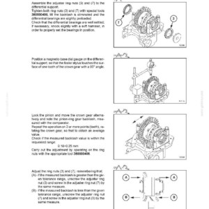 Puede incluir: Diagrama t&eacute;cnico de un manual, que muestra los ejes delanteros con ilustraciones detalladas de componentes como tuercas de anillo, rodamientos y engranajes. Incluye instrucciones de texto y medidas en mil&iacute;metros.