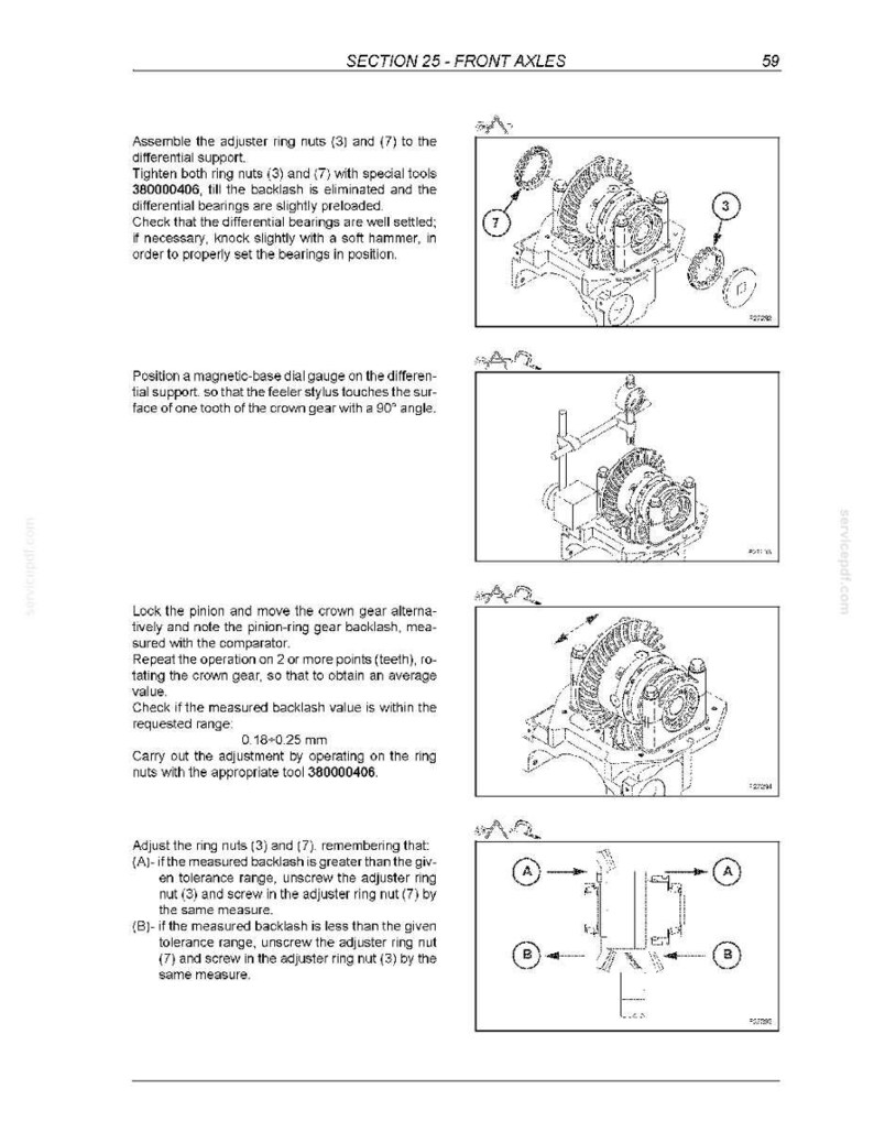 Puede incluir: Diagrama t&eacute;cnico de un manual, que muestra los ejes delanteros con ilustraciones detalladas de componentes como tuercas de anillo, rodamientos y engranajes. Incluye instrucciones de texto y medidas en mil&iacute;metros.