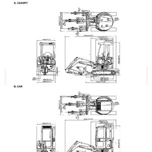 May include: A technical specification document titled 6. SPECIFICATIONS, 6.1 GENERAL SPECIFICATIONS, 6.1.1 MACHINE DIMENSIONS. It displays detailed line drawings of a construction excavator with a canopy and a cab, including measurements in mm and ft-in.