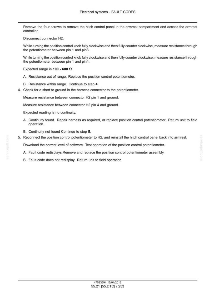 May include: A document titled "Electrical systems - FAULT CODES" with troubleshooting steps for a vehicle's hitch control panel. Instructions include measuring resistance and checking for shorts, with expected resistance range of 100-600 ohms.