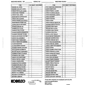 May include: A black and white inspection and maintenance checklist document for Kobelco machinery. The form features two columns of tasks including engine oil level, hydraulic function operation, and track tension, with blank spaces for checkmarks.