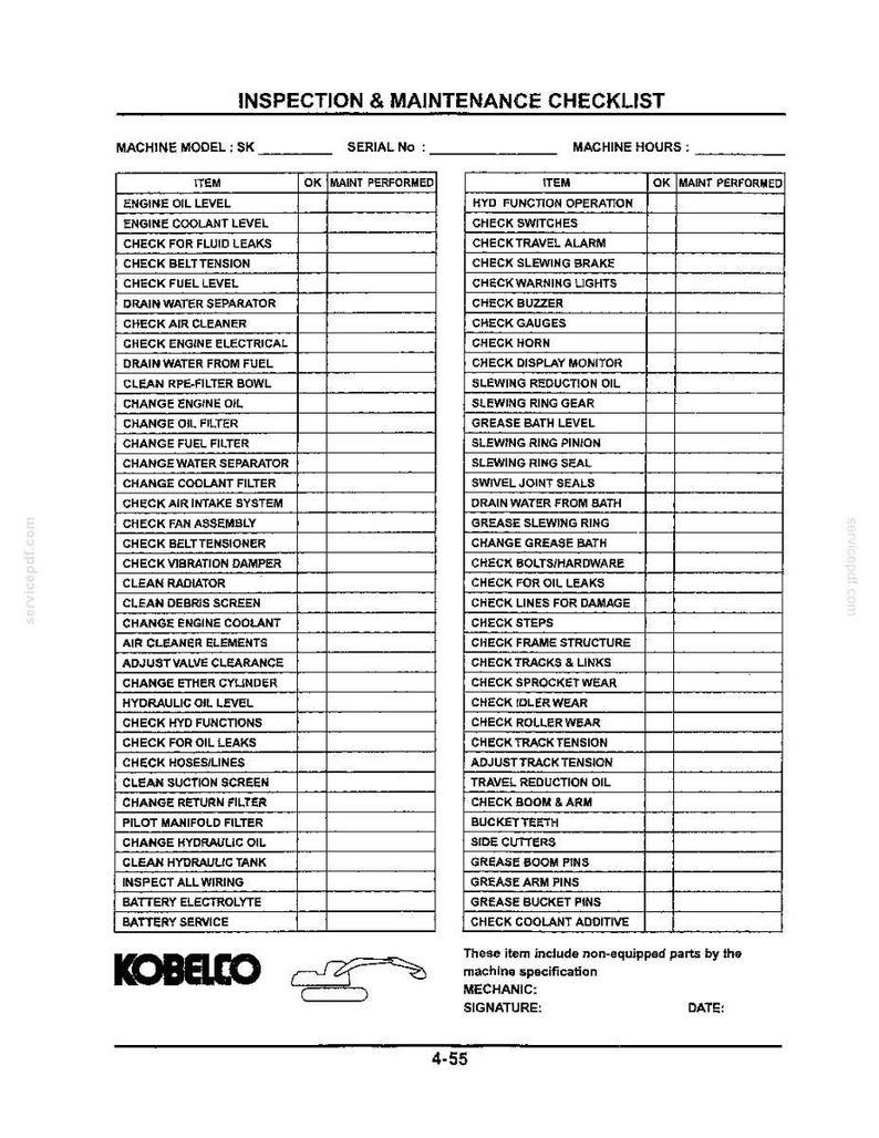 May include: A black and white inspection and maintenance checklist document for Kobelco machinery. The form features two columns of tasks including engine oil level, hydraulic function operation, and track tension, with blank spaces for checkmarks.