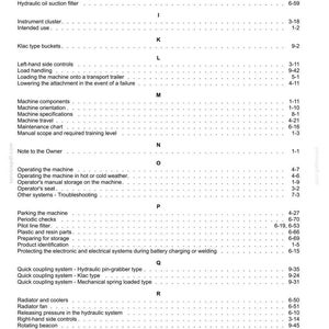 May include: A detailed table of contents from a manual, featuring a list of topics related to machinery operation and maintenance. The text is in black against a white background, with page numbers aligned to the right.