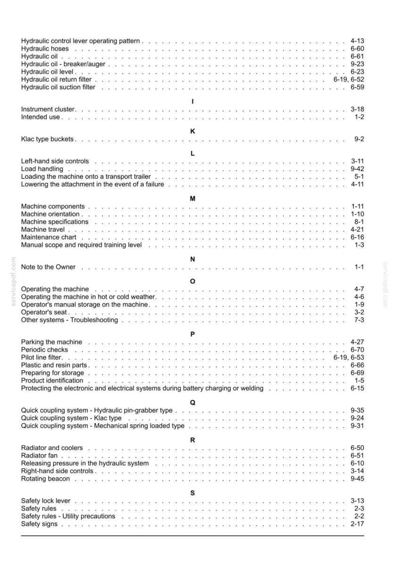 May include: A detailed table of contents from a manual, featuring a list of topics related to machinery operation and maintenance. The text is in black against a white background, with page numbers aligned to the right.