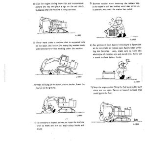May include: A technical document page titled Safety Precautions for Preventive Maintenance, featuring seven numbered instructional sections with black and white line art illustrations of a construction worker performing maintenance on an excavator.