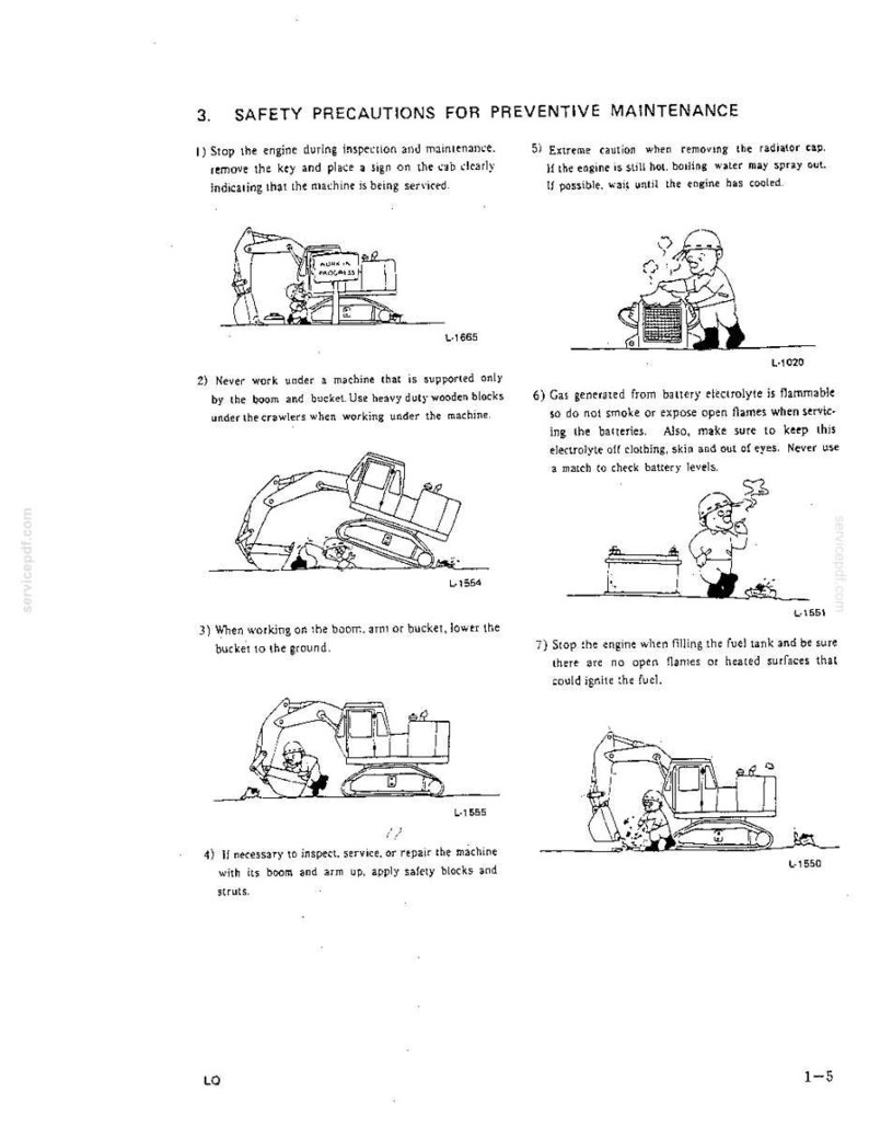 May include: A technical document page titled Safety Precautions for Preventive Maintenance, featuring seven numbered instructional sections with black and white line art illustrations of a construction worker performing maintenance on an excavator.