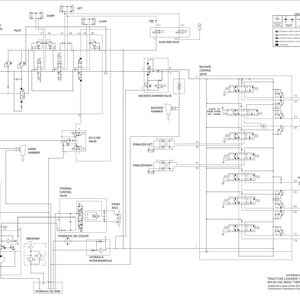 May include: A detailed black and white schematic diagram of a tractor loader backhoe's hydraulic system. The diagram includes various valves, pumps, and control systems, with labels and lines illustrating the flow and function of the hydraulic components.