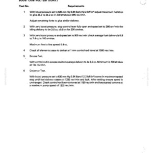 Op de afbeelding: Een pagina uit een handleiding met details over een boost control test voor een brandstofsysteem. De tekst bevat testnummers, vereisten en metingen in lbf/in&sup2; en cc. Het document is getiteld "DEEL 2 - BRANDSTOFSYSTEEM".