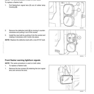 May include: A technical manual page titled 7-MAINTENANCE detailing the replacement of turn and hazard lights. It includes line drawings of rear flasher warning light assemblies with numbered parts and instructions for replacing a #1157 bulb.