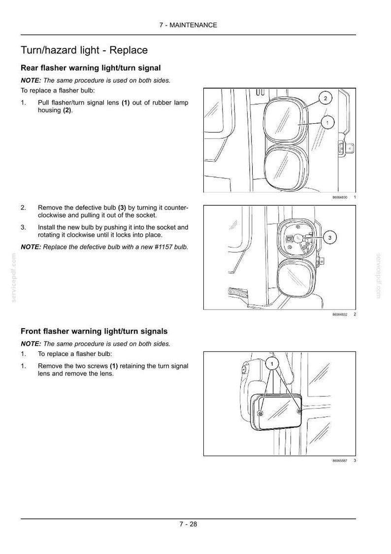 May include: A technical manual page titled 7-MAINTENANCE detailing the replacement of turn and hazard lights. It includes line drawings of rear flasher warning light assemblies with numbered parts and instructions for replacing a #1157 bulb.