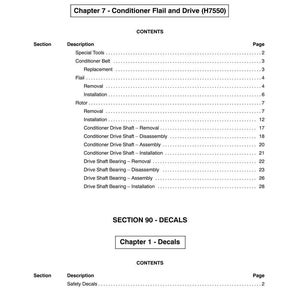 May include: A white document with black text detailing sections and descriptions for attachments, headers, and decals. The document includes a table of contents with page numbers for various components like conditioner belts, flails, and drive shafts.
