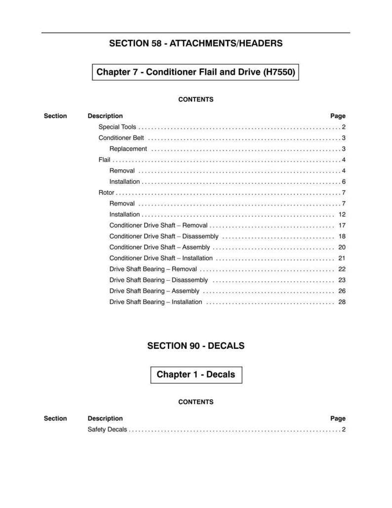 May include: A white document with black text detailing sections and descriptions for attachments, headers, and decals. The document includes a table of contents with page numbers for various components like conditioner belts, flails, and drive shafts.