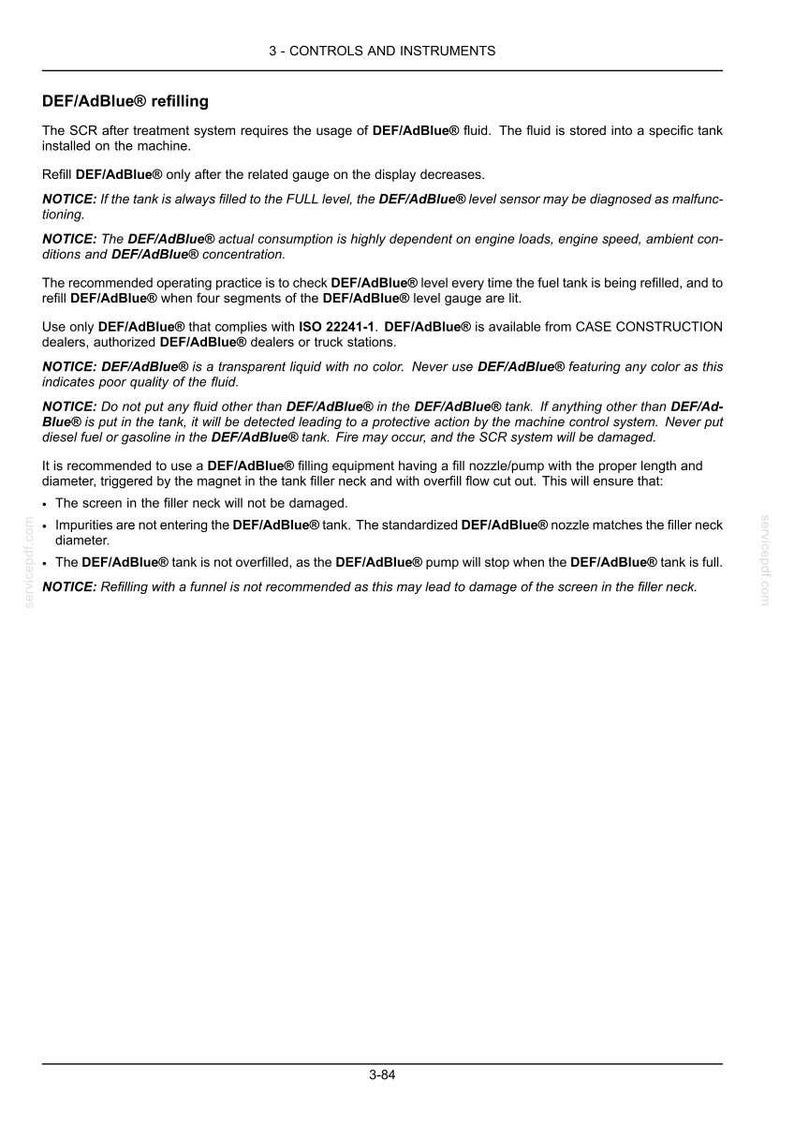May include: Document titled "3 - CONTROLS AND INSTRUMENTS" with instructions for DEF/AdBlue&reg; refilling. Includes notices about fluid quality, tank filling, and equipment use. Text is in black on a white background.