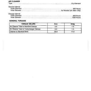 K&ouml;nnte beinhalten: Eine wei&szlig;e Seite mit der &Uuml;berschrift "SPECIFICATIONS" und dem Text "FUEL SYSTEM" oben. Die Seite enth&auml;lt Details zu Luftfilter-Spezifikationen, Serviceintervallen und allgemeinen Drehmomenten, mit Messungen in ft lbs und N-m.