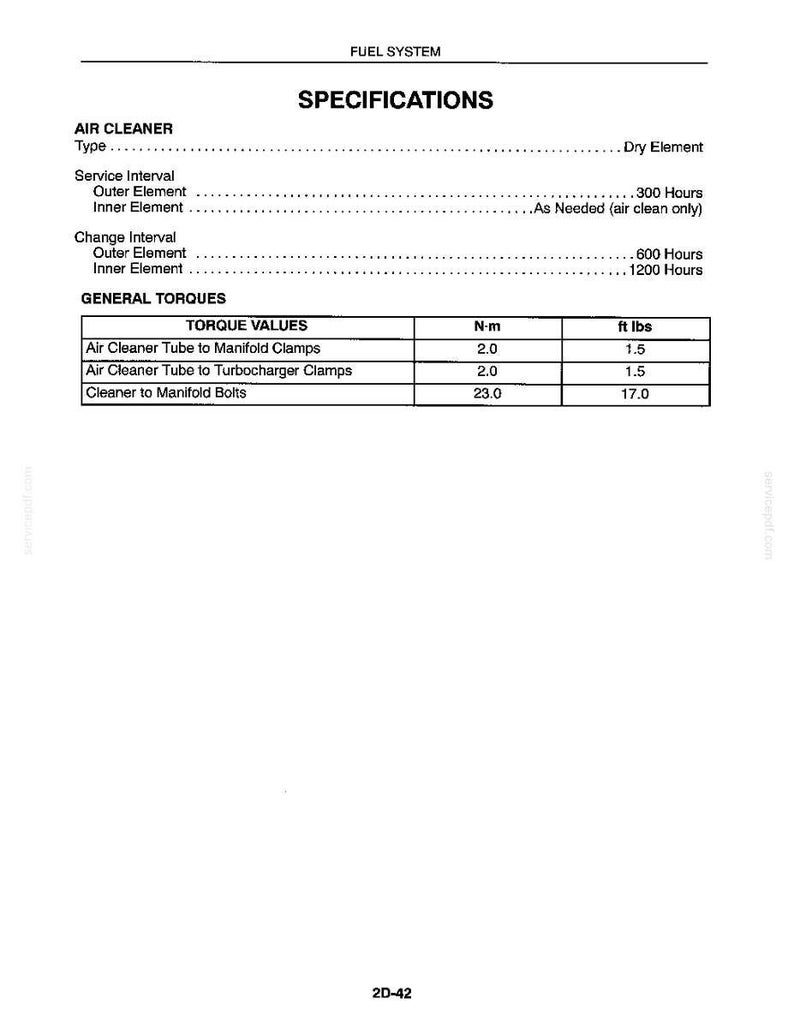 K&ouml;nnte beinhalten: Eine wei&szlig;e Seite mit der &Uuml;berschrift "SPECIFICATIONS" und dem Text "FUEL SYSTEM" oben. Die Seite enth&auml;lt Details zu Luftfilter-Spezifikationen, Serviceintervallen und allgemeinen Drehmomenten, mit Messungen in ft lbs und N-m.