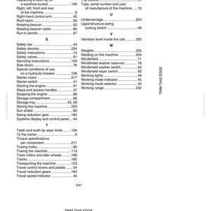 May include: A page from a manual with an alphabetical index of terms. The text includes terms like "Safety devices", "Starter motor", and "Working range". The page is white with black text.