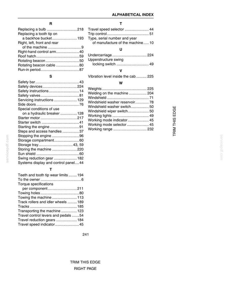 May include: A page from a manual with an alphabetical index of terms. The text includes terms like "Safety devices", "Starter motor", and "Working range". The page is white with black text.