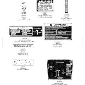 May include: A technical document page titled 11 REPLACEMENT DECALS displaying various safety and instructional labels for machinery. The page includes text-based warnings, danger signs, a shift pattern diagram, and an instrument panel layout.