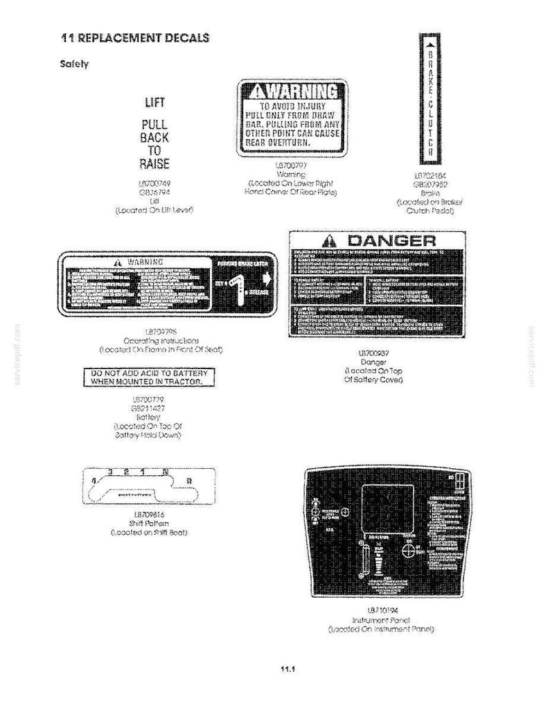 May include: A technical document page titled 11 REPLACEMENT DECALS displaying various safety and instructional labels for machinery. The page includes text-based warnings, danger signs, a shift pattern diagram, and an instrument panel layout.