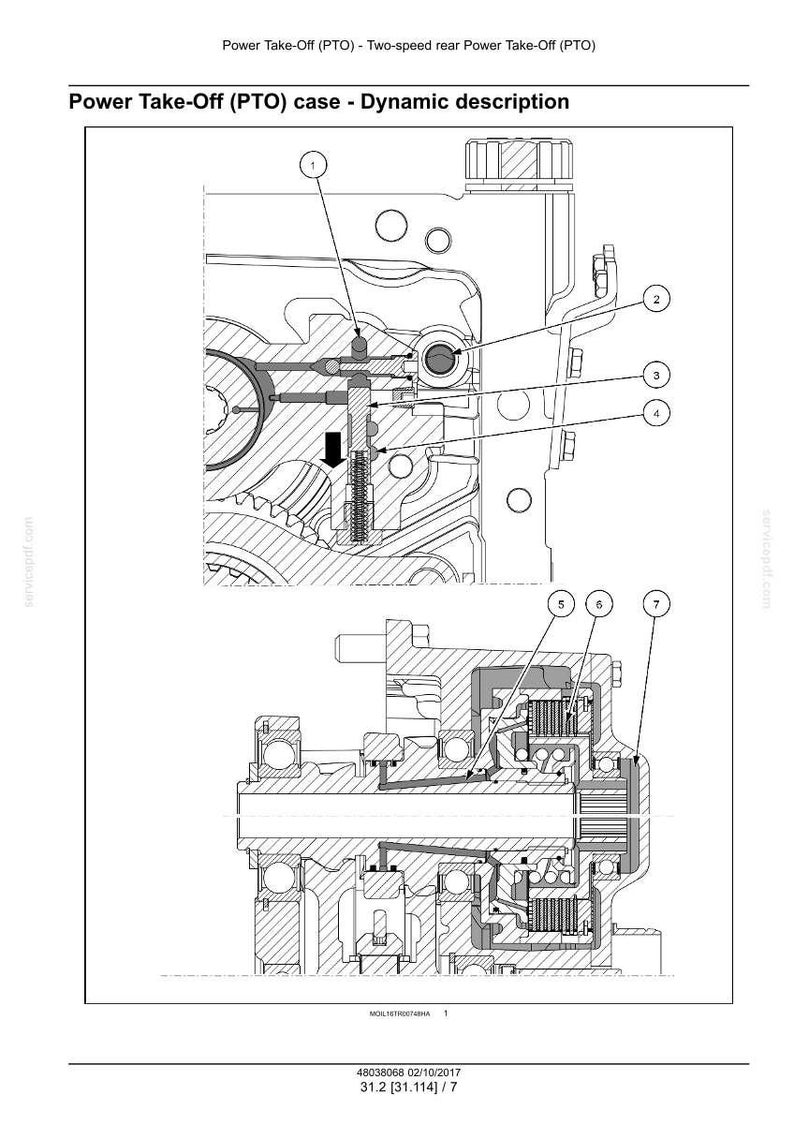 Puede incluir: Diagrama t&eacute;cnico de una caja de toma de fuerza (PTO), con componentes numerados y flechas. La imagen incluye el texto "Power Take-Off (PTO) case - Dynamic description".