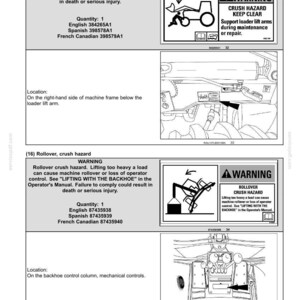 May include: Safety information document with diagrams and warnings about crush and rollover hazards. Includes text in English, Spanish, and French, with diagrams of machinery and safety symbols. The document details potential injuries.