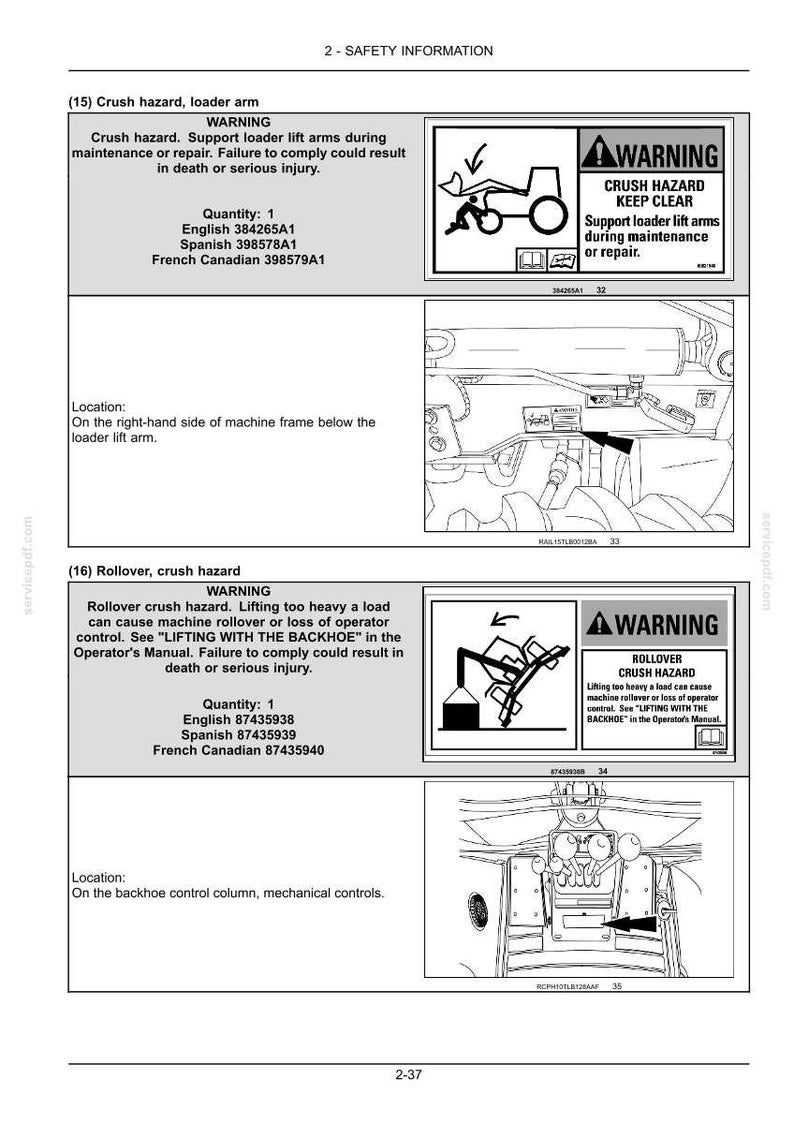 May include: Safety information document with diagrams and warnings about crush and rollover hazards. Includes text in English, Spanish, and French, with diagrams of machinery and safety symbols. The document details potential injuries.