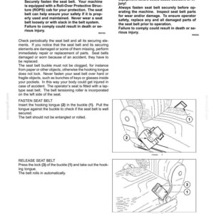Op de afbeelding: Een pagina uit een technisch handboek getiteld 3-CONTROLS/INSTRUMENTS met instructies voor een veiligheidsgordel. Het bevat twee zwart-wit lijntekeningen met een stoel, een gesp gelabeld 1, een sluiting gelabeld 2 en een slot gelabeld 3.