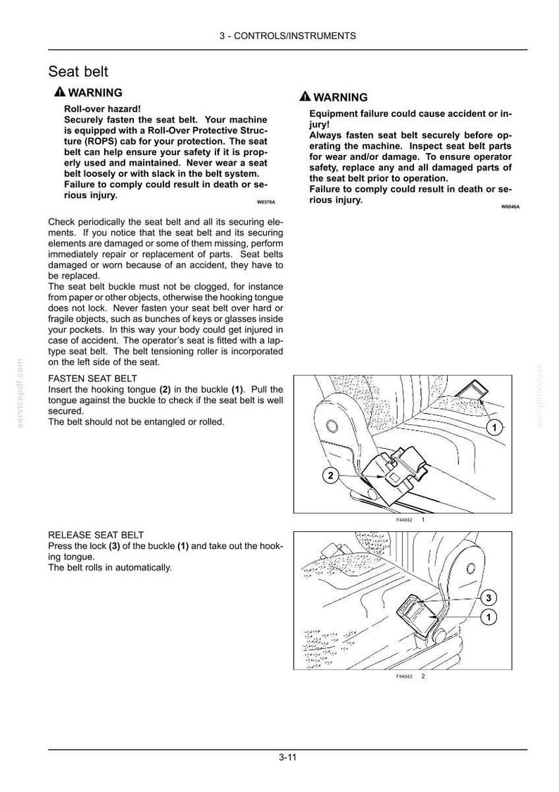 Op de afbeelding: Een pagina uit een technisch handboek getiteld 3-CONTROLS/INSTRUMENTS met instructies voor een veiligheidsgordel. Het bevat twee zwart-wit lijntekeningen met een stoel, een gesp gelabeld 1, een sluiting gelabeld 2 en een slot gelabeld 3.