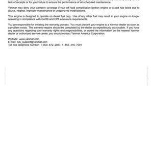 May include: A document with the title "1 - GENERAL INFORMATION" and text about owner's warranty responsibilities for off-road compression-ignition engines. Includes website, email, and toll-free phone number for Yanmar.