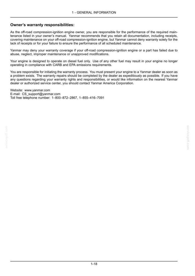 May include: A document with the title "1 - GENERAL INFORMATION" and text about owner's warranty responsibilities for off-road compression-ignition engines. Includes website, email, and toll-free phone number for Yanmar.