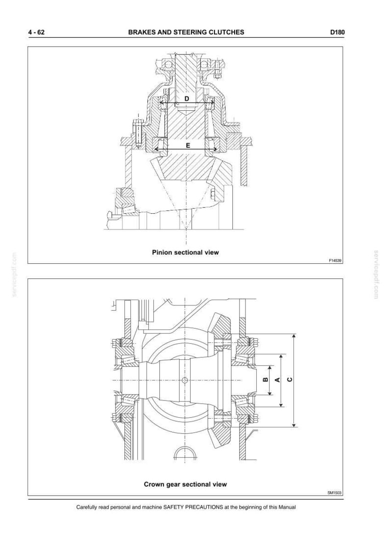 May include: Technical diagram of a mechanical component, featuring cross-sectional views of a pinion and crown gear. The diagram includes labeled dimensions and the text "BRAKES AND STEERING CLUTCHES". The diagram is in black and white.