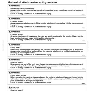 Pu&ograve; includere: Una pagina di documento tecnico intitolata 6 - WORKING OPERATIONS, con testo nero su sfondo bianco. Elenca avvertenze di sicurezza riguardanti i sistemi di montaggio di accessori meccanici, inclusi i rischi di schiacciamento.