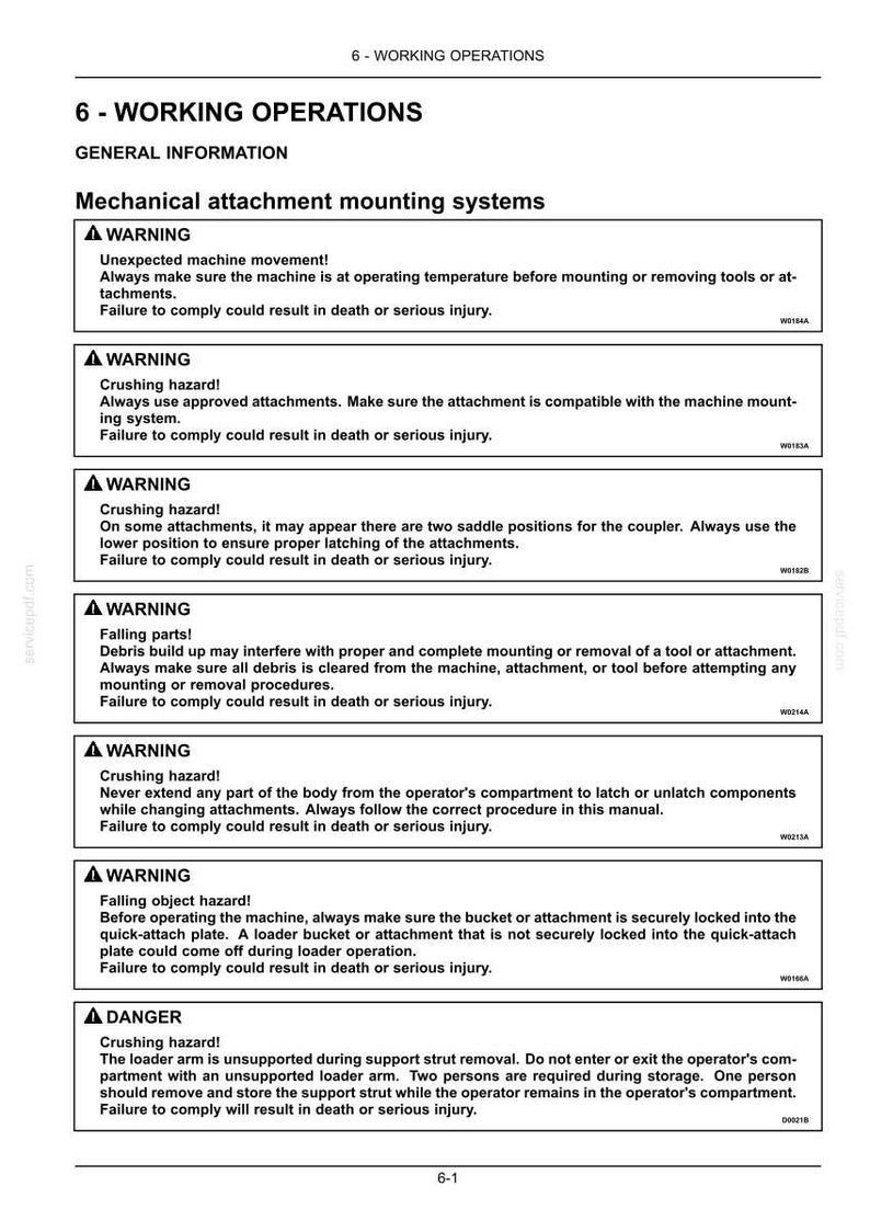 Pu&ograve; includere: Una pagina di documento tecnico intitolata 6 - WORKING OPERATIONS, con testo nero su sfondo bianco. Elenca avvertenze di sicurezza riguardanti i sistemi di montaggio di accessori meccanici, inclusi i rischi di schiacciamento.