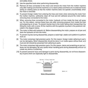 May include: A technical diagram with instructions for motor disassembly. The text includes safety precautions, tool usage, and steps for removing lines and hydraulic oil. A diagram shows correct lifting locations using eyebolts.